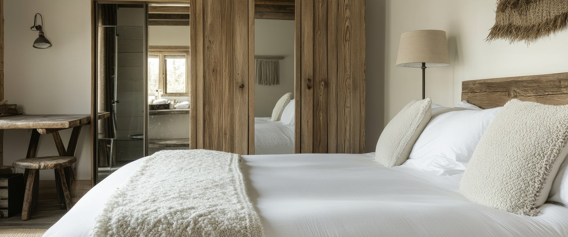 Suite rustique chic avec lit blanc, plaid moelleux et tête de lit en bois recyclé. Porte miroir coulissante ouvrant sur une salle de bain lumineuse.