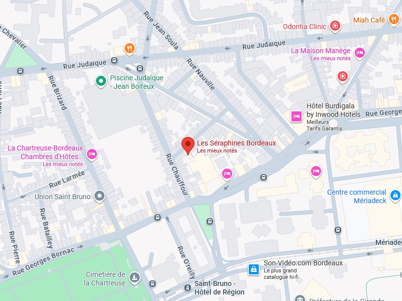 Plan du centre de Bordeaux (Judaïque/Mériadeck). Le marqueur rouge pointe "Les Séraphines Bordeaux", près de la Piscine Jean Boiteux et Rue Chauffour.